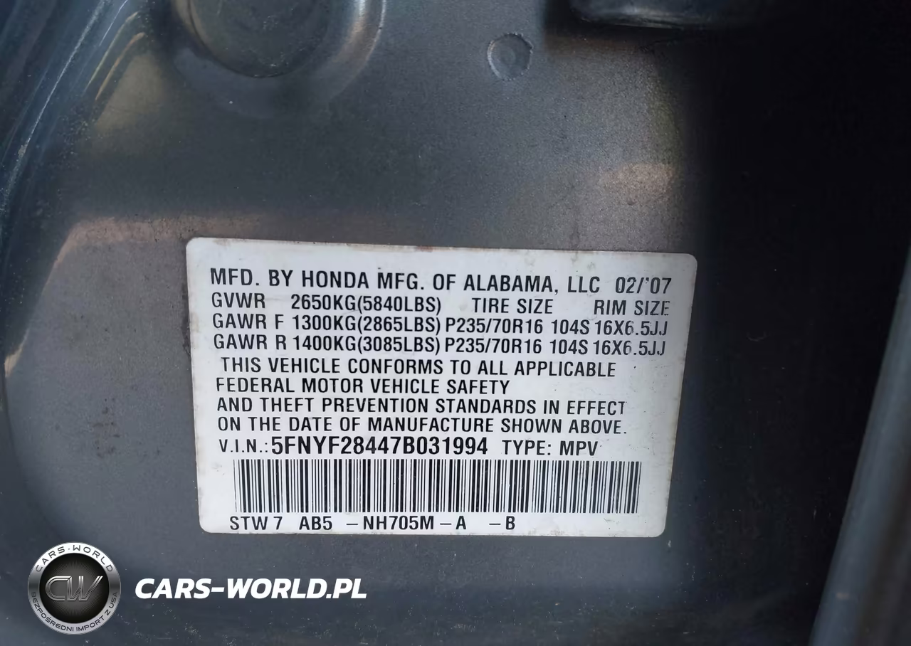 2007 Honda Pilot Ex VIN:5FNYF28447B031994 - 9