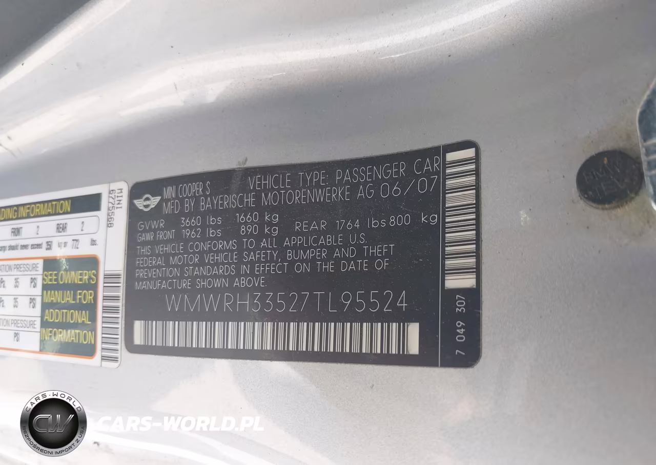 2007 Mini Cooper S VIN:WMWRH33527TL95524 - 9