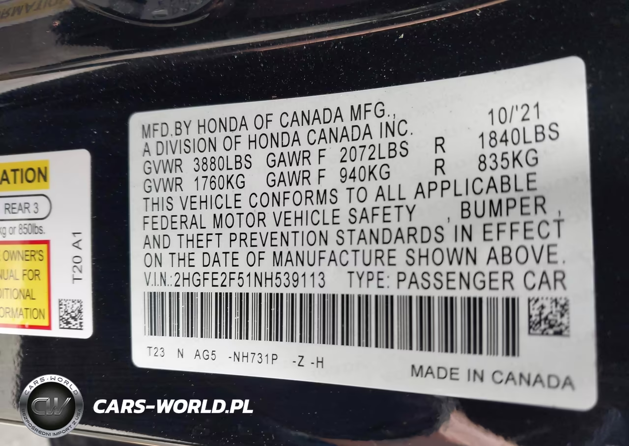 2022 Honda Civic Sport VIN:2HGFE2F51NH539113 - 9