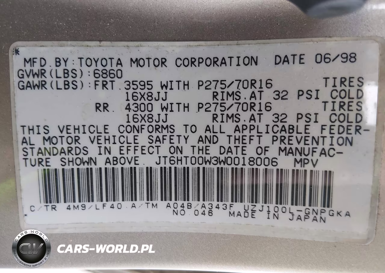 1998 Lexus Lx 470 VIN:JT6HT00W3W0018006 - 9