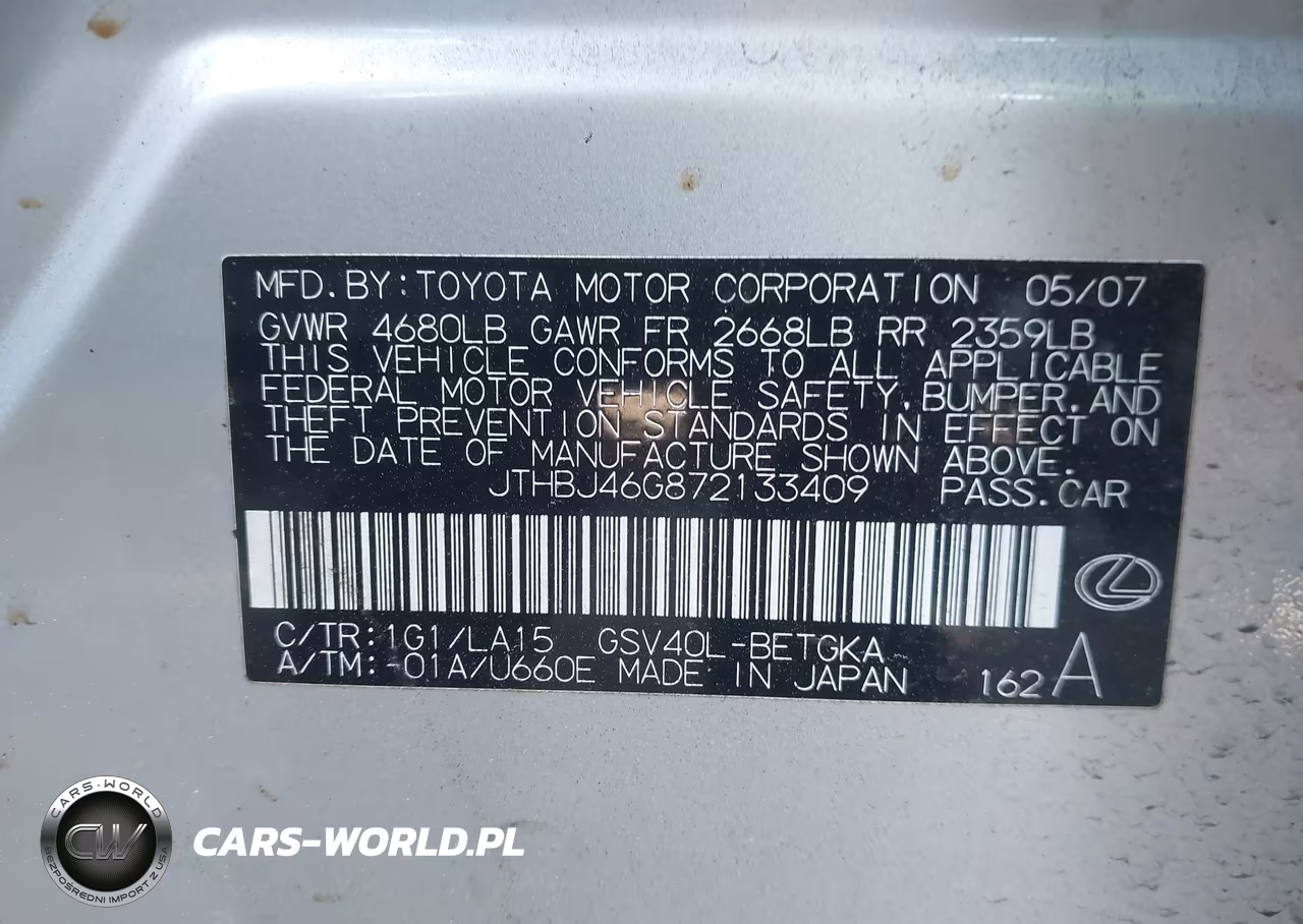 2007 Lexus Es 350 VIN:JTHBJ46G872133409 - 9