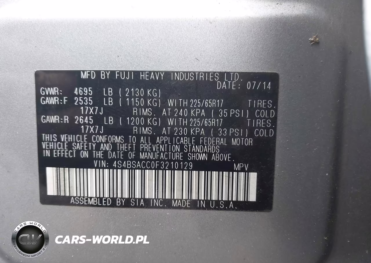 2015 Subaru Outback 2.5I Premium VIN:4S4BSACC0F3210129 - 9