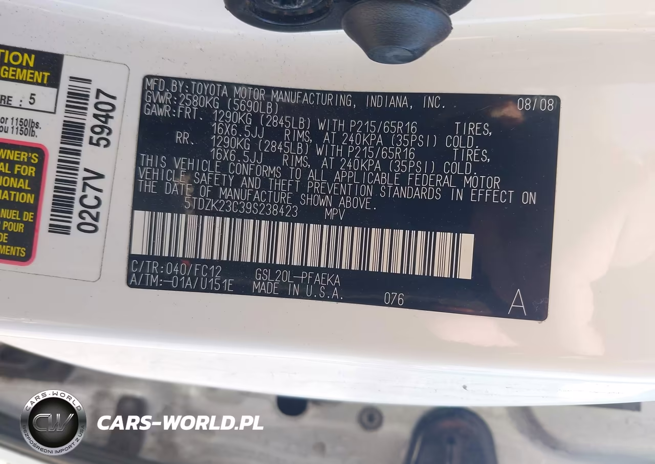 2009 Toyota Sienna Le VIN:5TDZK23C39S238423 - 9