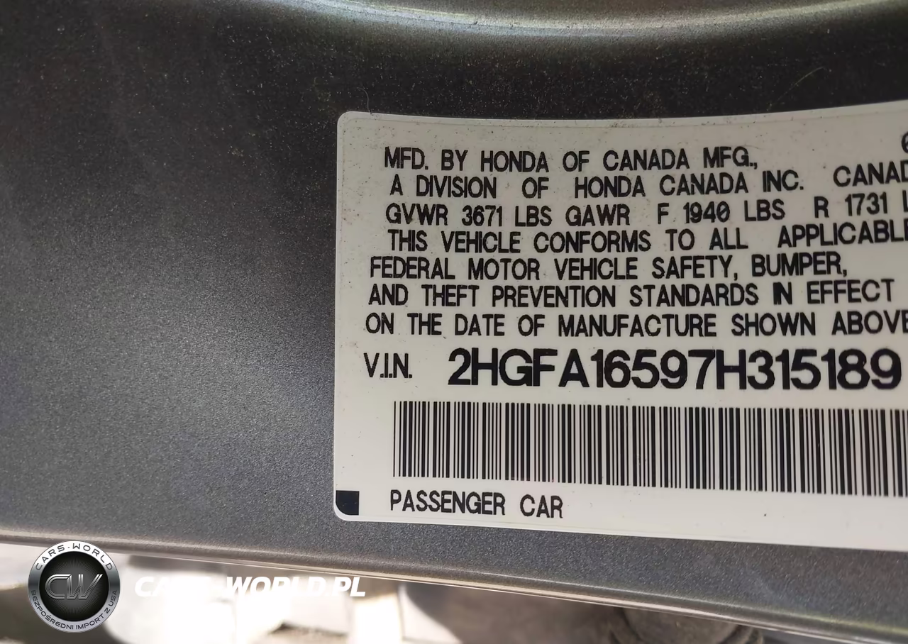 2007 Honda Civic Lx VIN:2HGFA16597H315189 - 9