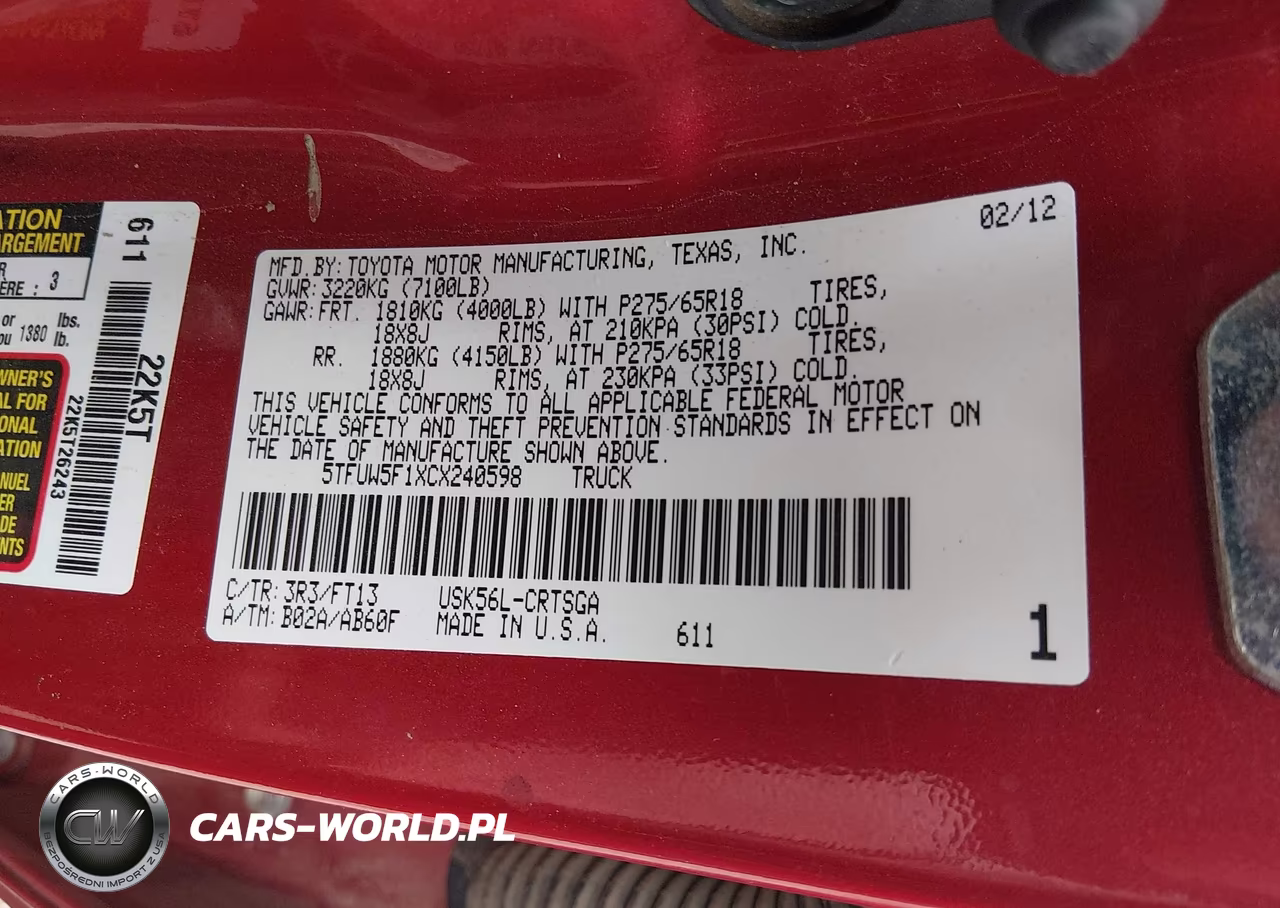 2012 Toyota Tundra Grade 5.7L V8 VIN:5TFUW5F1XCX240598 - 9