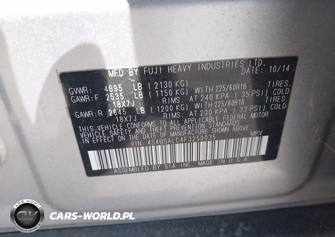 2015 Subaru Outback 2.5I Limited VIN:4S4BSALC4F3250035 - 9