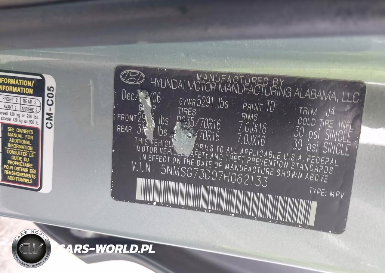 2007 Hyundai Santa Fe Gls VIN:5NMSG73D07H062133 - 9