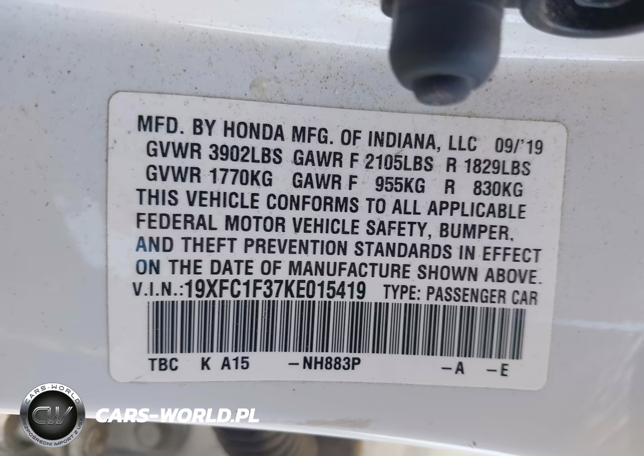 2019 Honda Civic Ex VIN:19XFC1F37KE015419 - 9