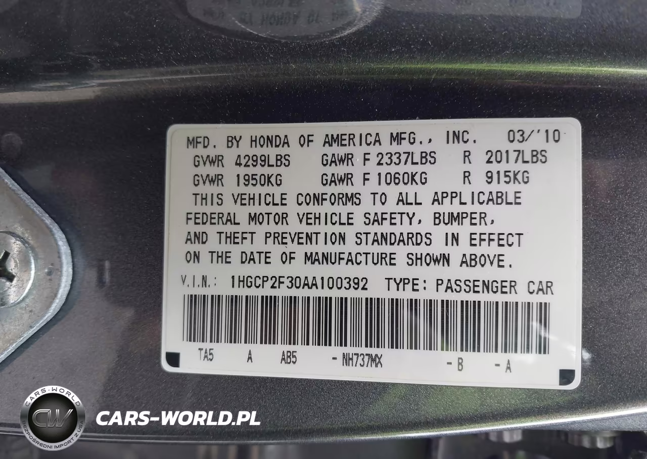 2010 Honda Accord 2.4 Lx VIN:1HGCP2F30AA100392 - 9