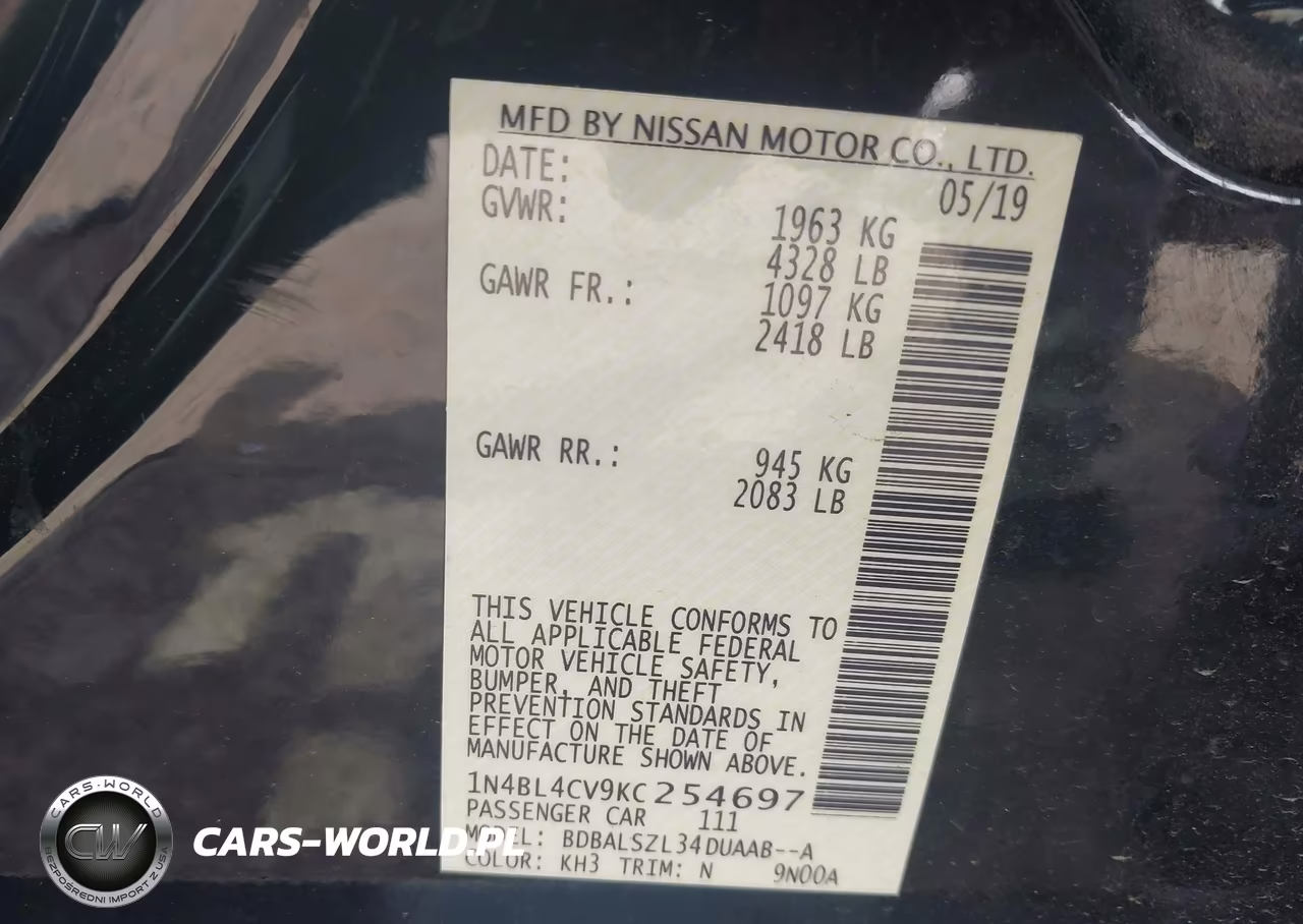 2019 Nissan Altima 2.5 Sr VIN:1N4BL4CV9KC254697 - 9