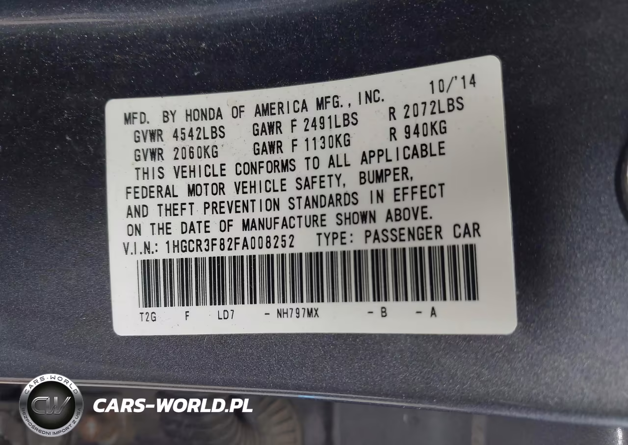 2015 Honda Accord Ex-L V-6 VIN:1HGCR3F82FA008252 - 9