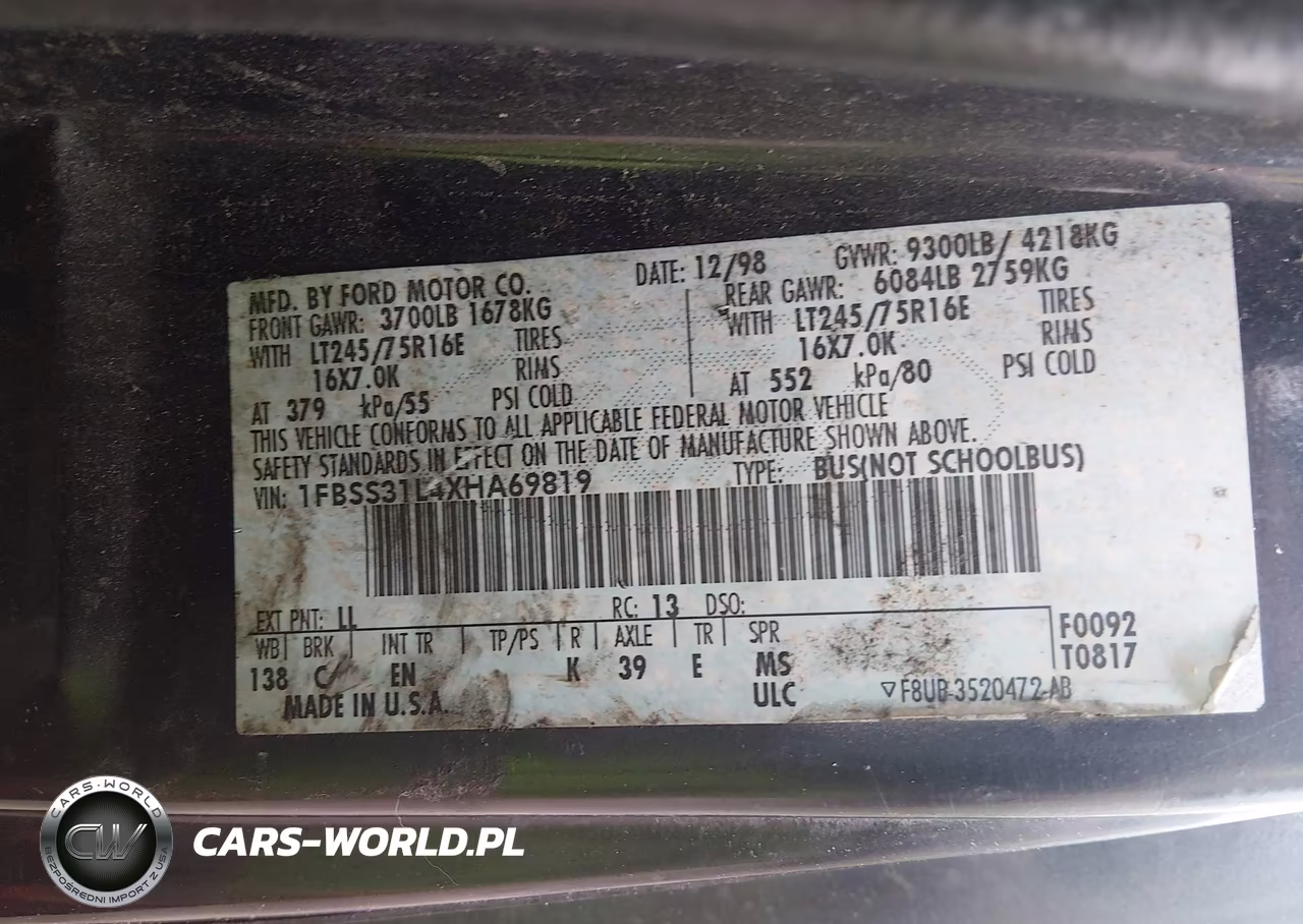1999 Ford E-350 Super Duty Xl-Xlt VIN:1FBSS31L4XHA69819 - 9