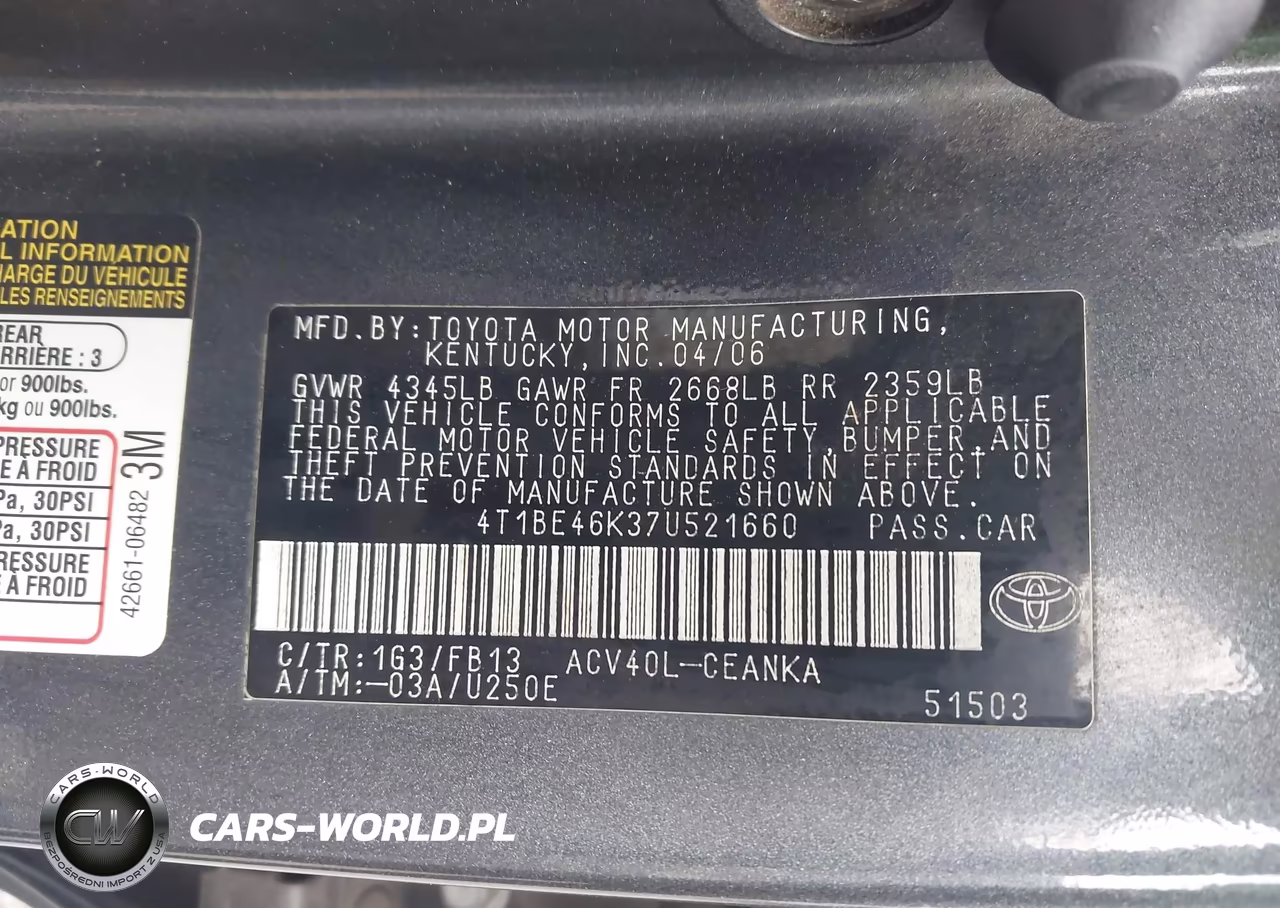 2007 Toyota Camry Le VIN:4T1BE46K37U521660 - 9
