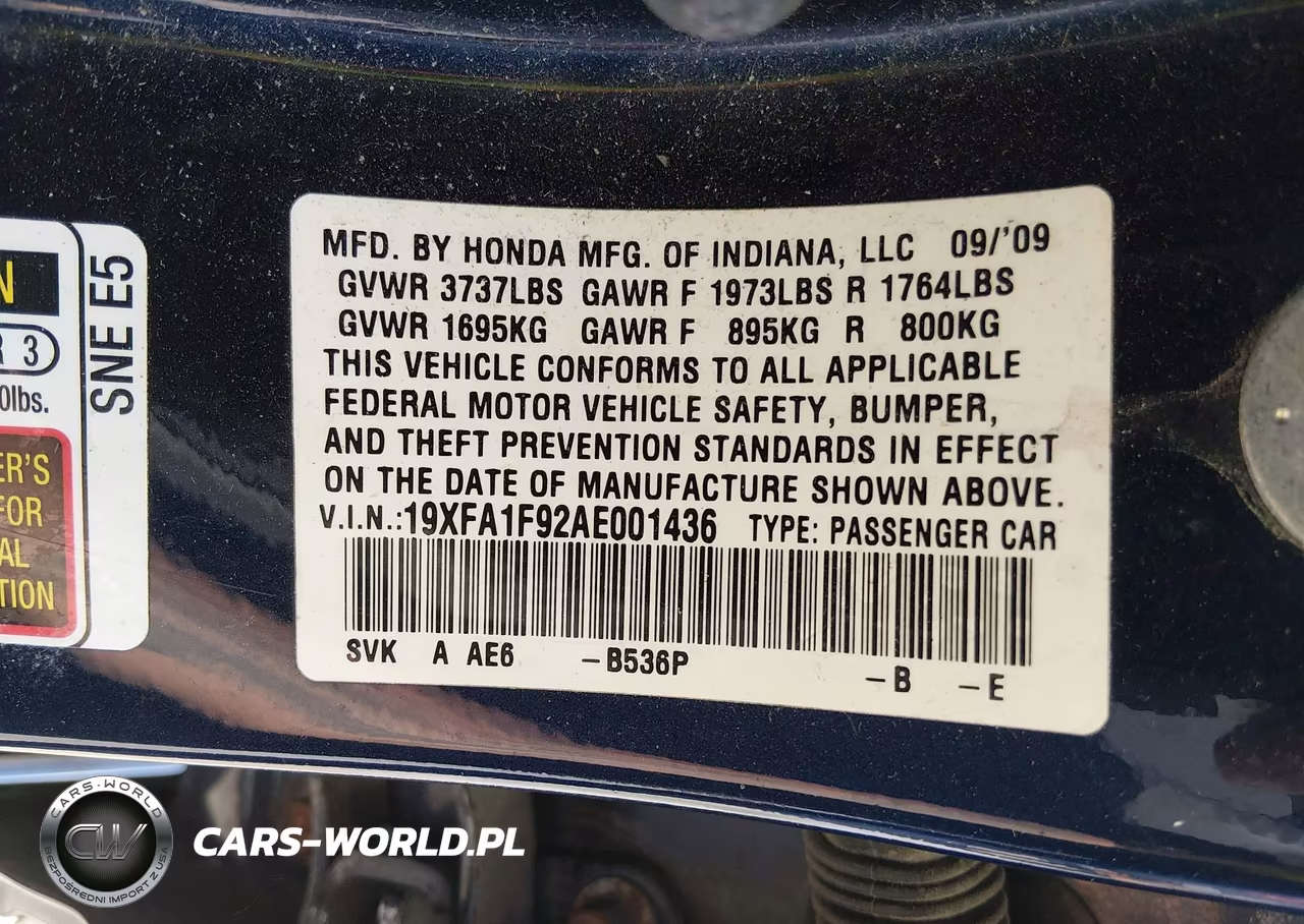 2010 Honda Civic Ex-L VIN:19XFA1F92AE001436 - 9