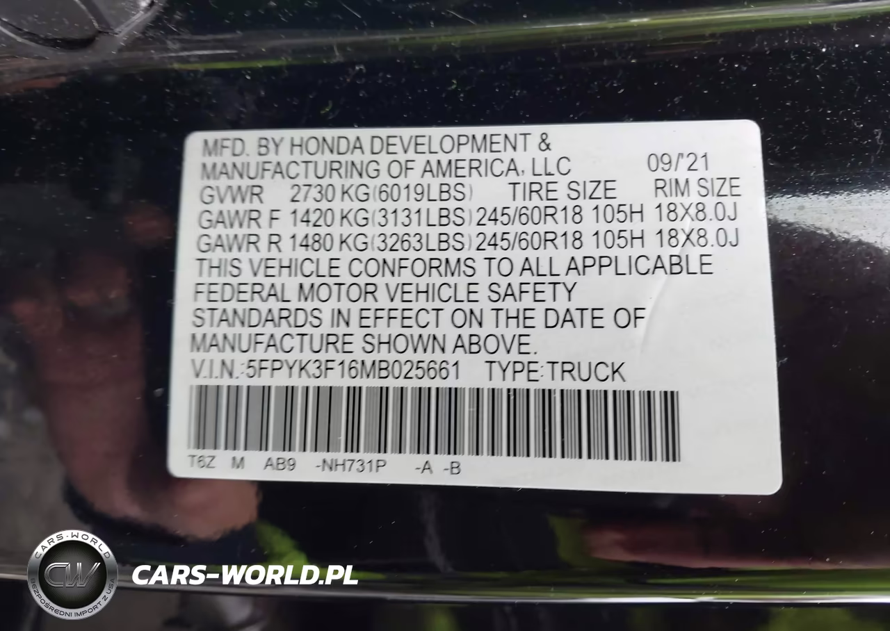 2021 Honda Ridgeline Awd Sport VIN:5FPYK3F16MB025661 - 9