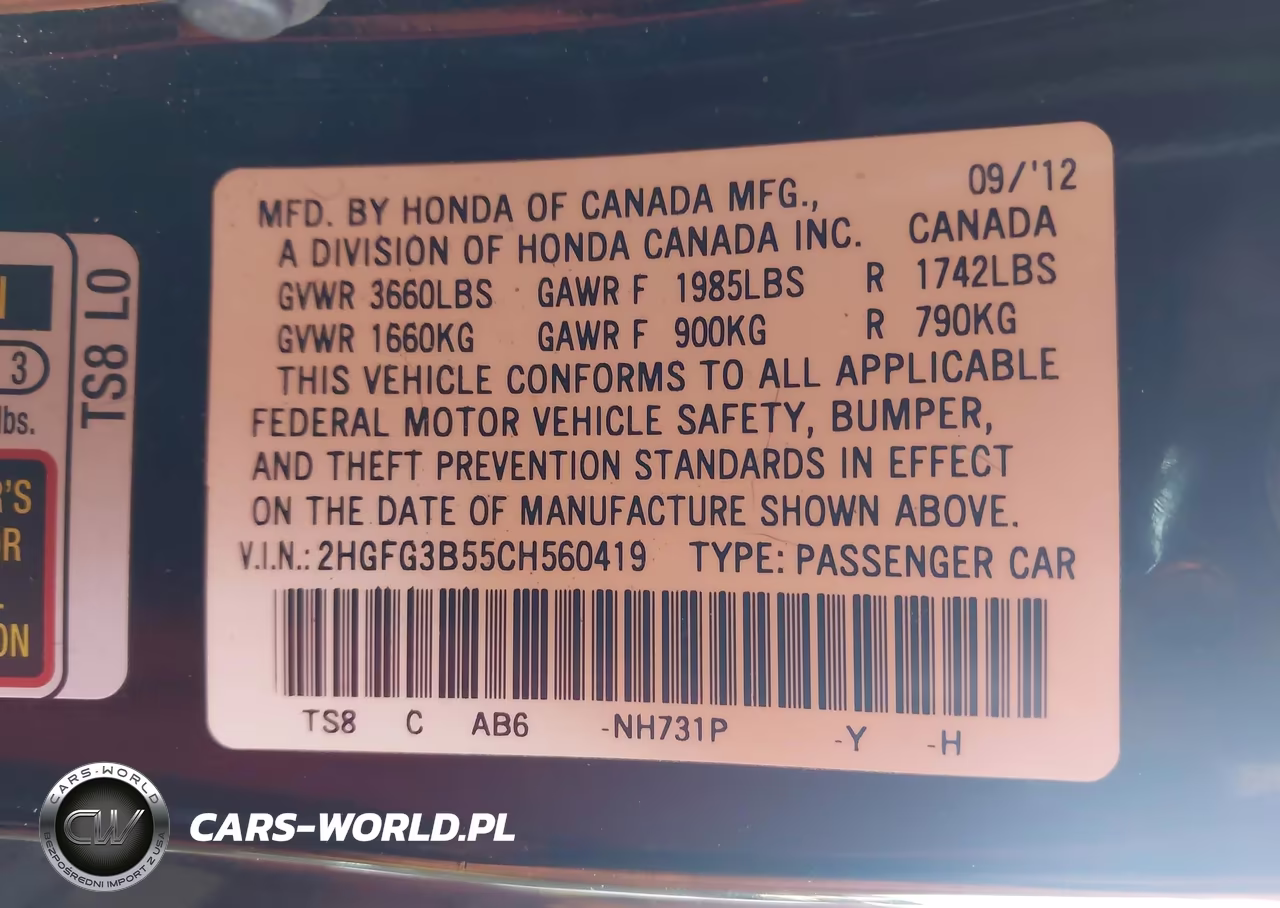 2012 Honda Civic Lx VIN:2HGFG3B55CH560419 - 9