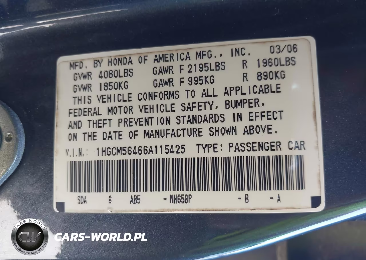 2006 Honda Accord 2.4 Lx VIN:1HGCM56466A115425 - 9