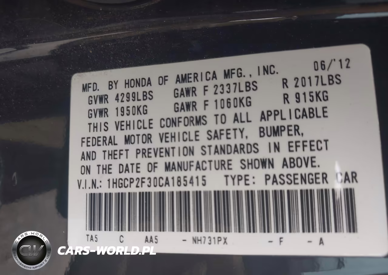 2012 Honda Accord 2.4 Lx VIN:1HGCP2F30CA185415 - 9