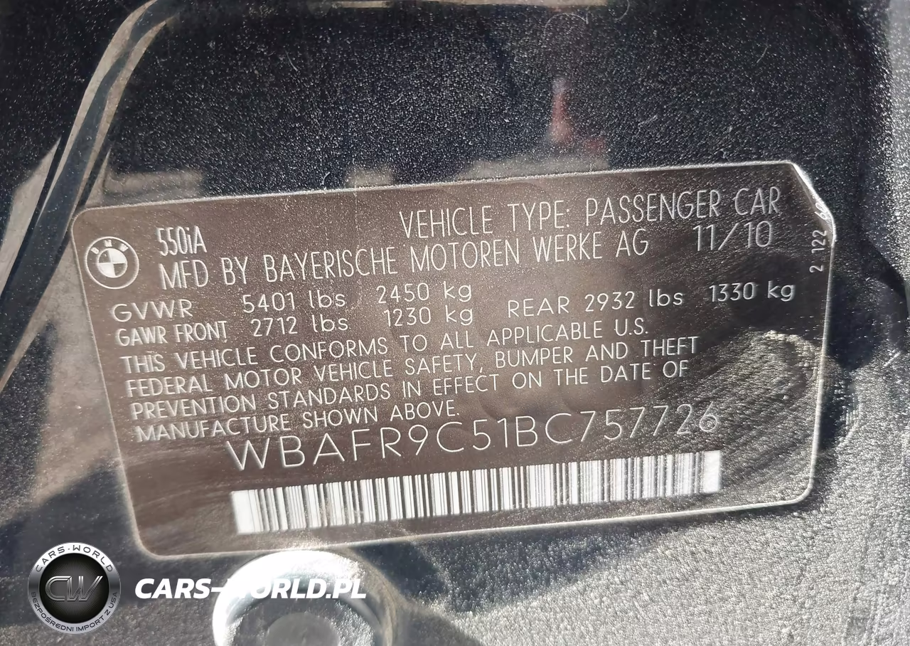 2011 BMW 550I VIN:WBAFR9C51BC757726 - 9