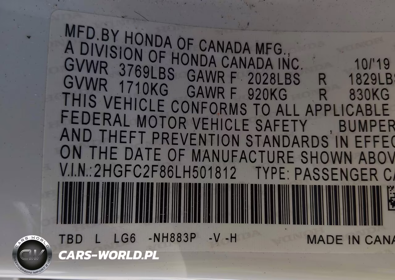 2020 Honda Civic Sport VIN:2HGFC2F86LH501812 - 9