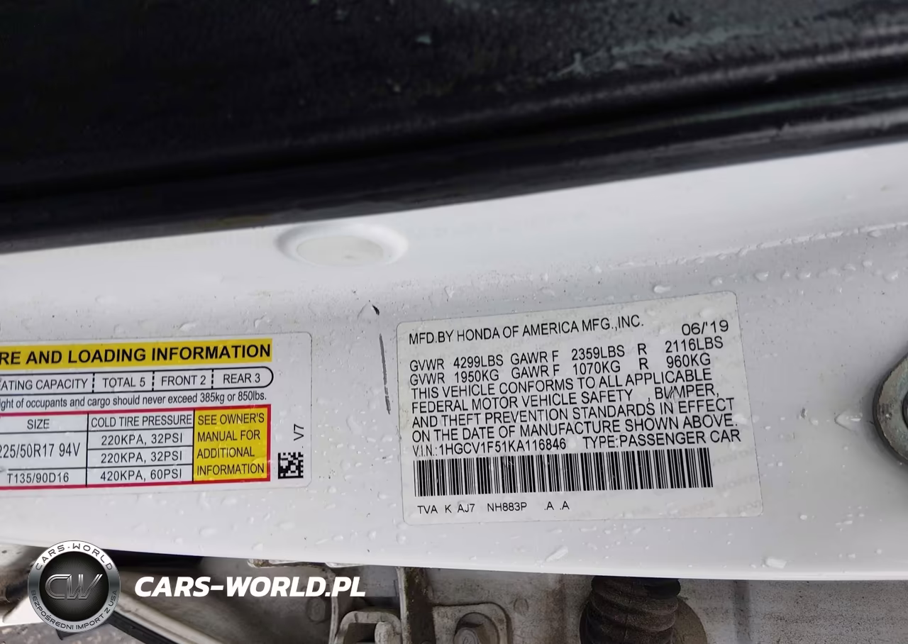 2019 Honda Accord Ex-L VIN:1HGCV1F51KA116846 - 9