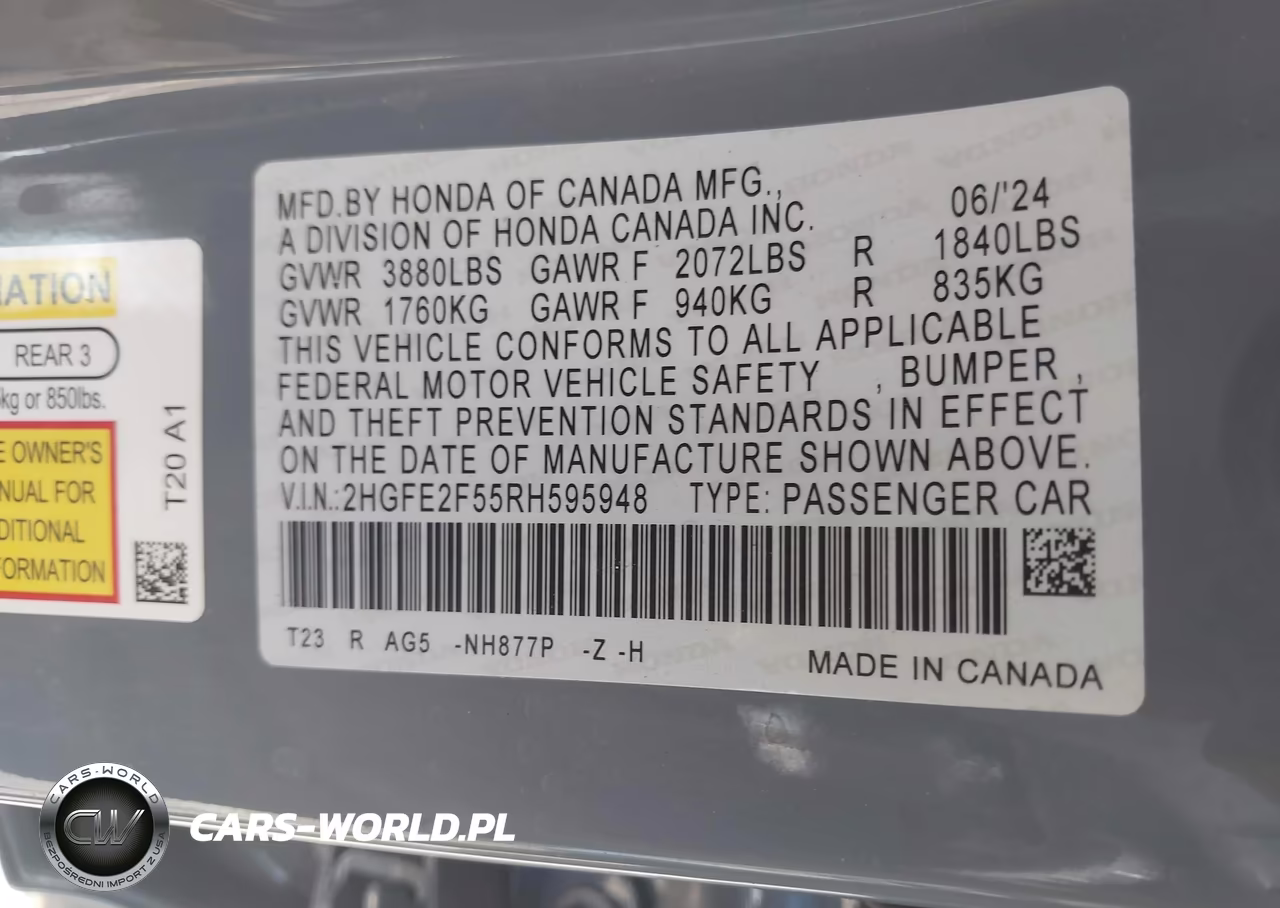 2024 Honda Civic Sport VIN:2HGFE2F55RH595948 - 9