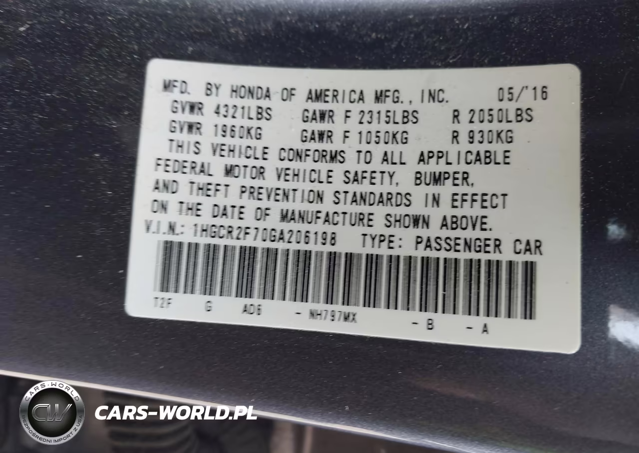 2016 Honda Accord Ex VIN:1HGCR2F70GA206198 - 9