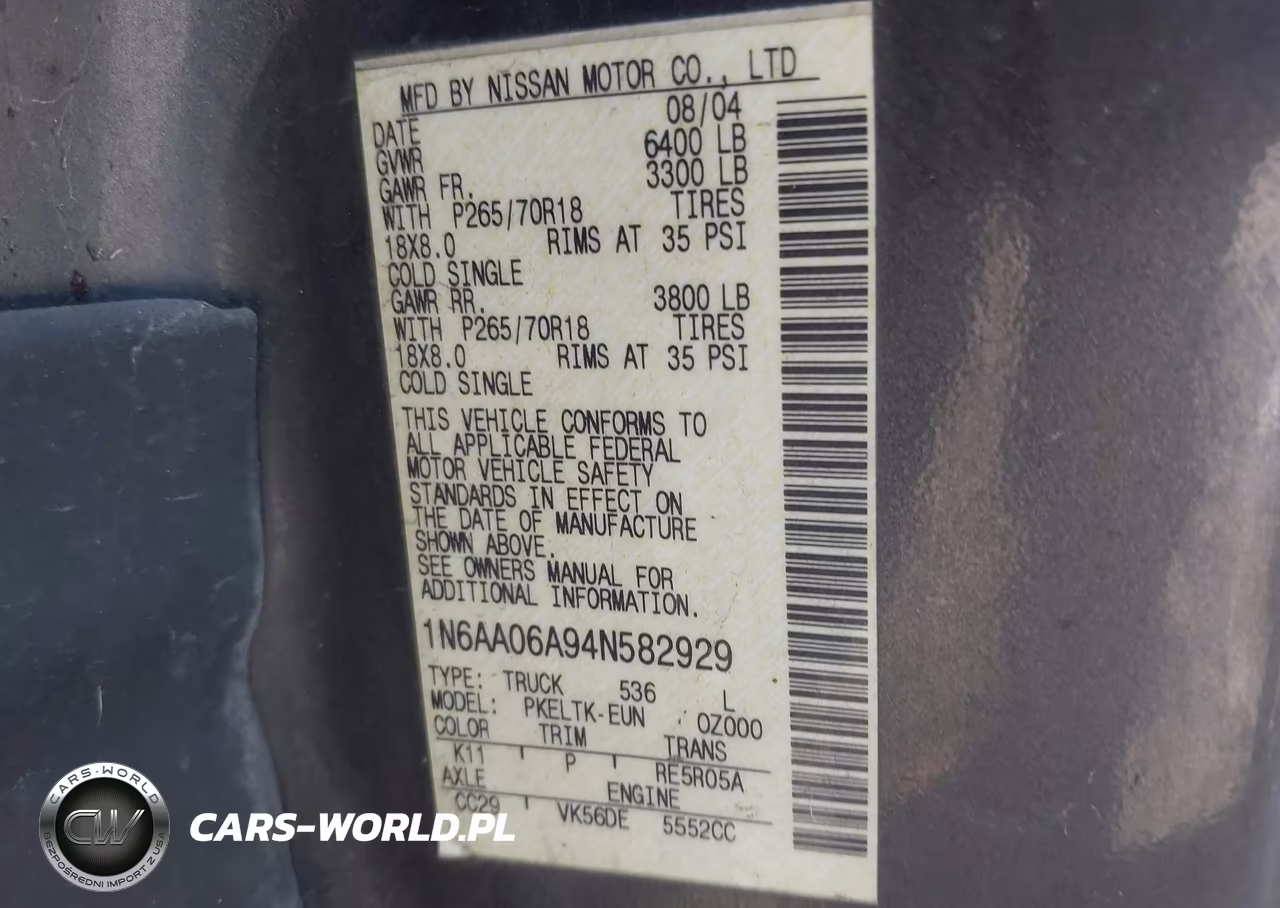 2004 Nissan Titan Se VIN:1N6AA06A94N582929 - 9