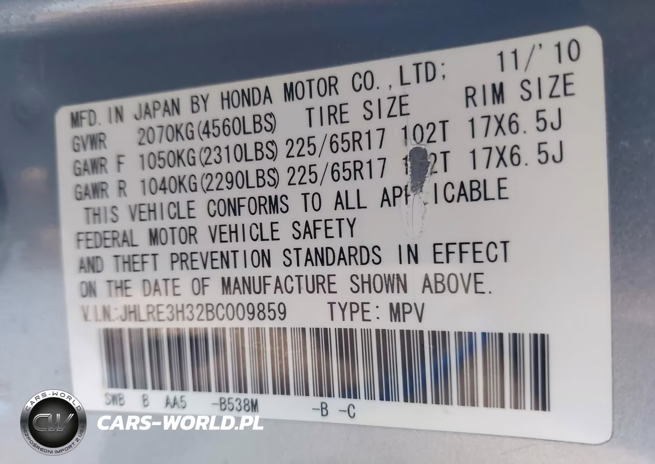 2011 Honda Cr-V Lx VIN:JHLRE3H32BC009859 - 9