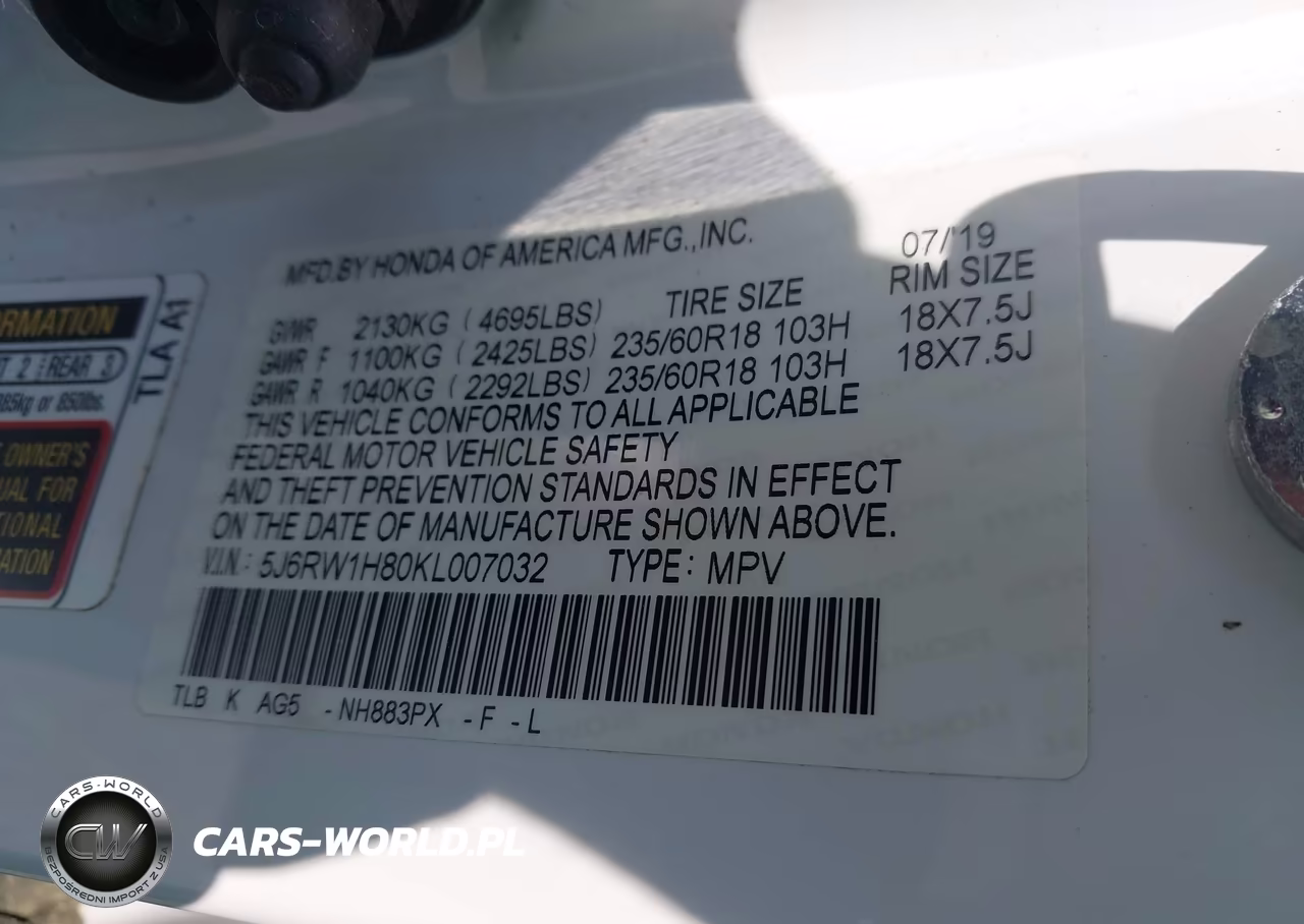 2019 Honda Cr-V Ex-L VIN:5J6RW1H80KL007032 - 9