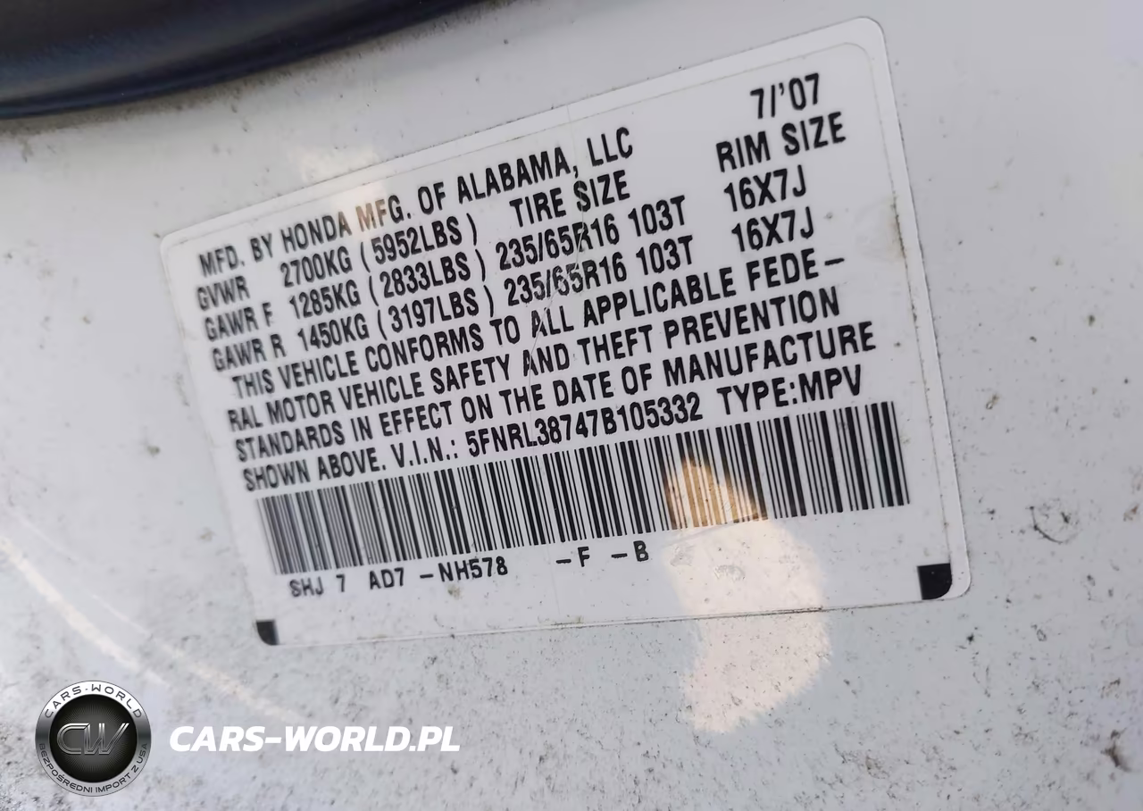 2007 Honda Odyssey Ex-L VIN:5FNRL38747B105332 - 9
