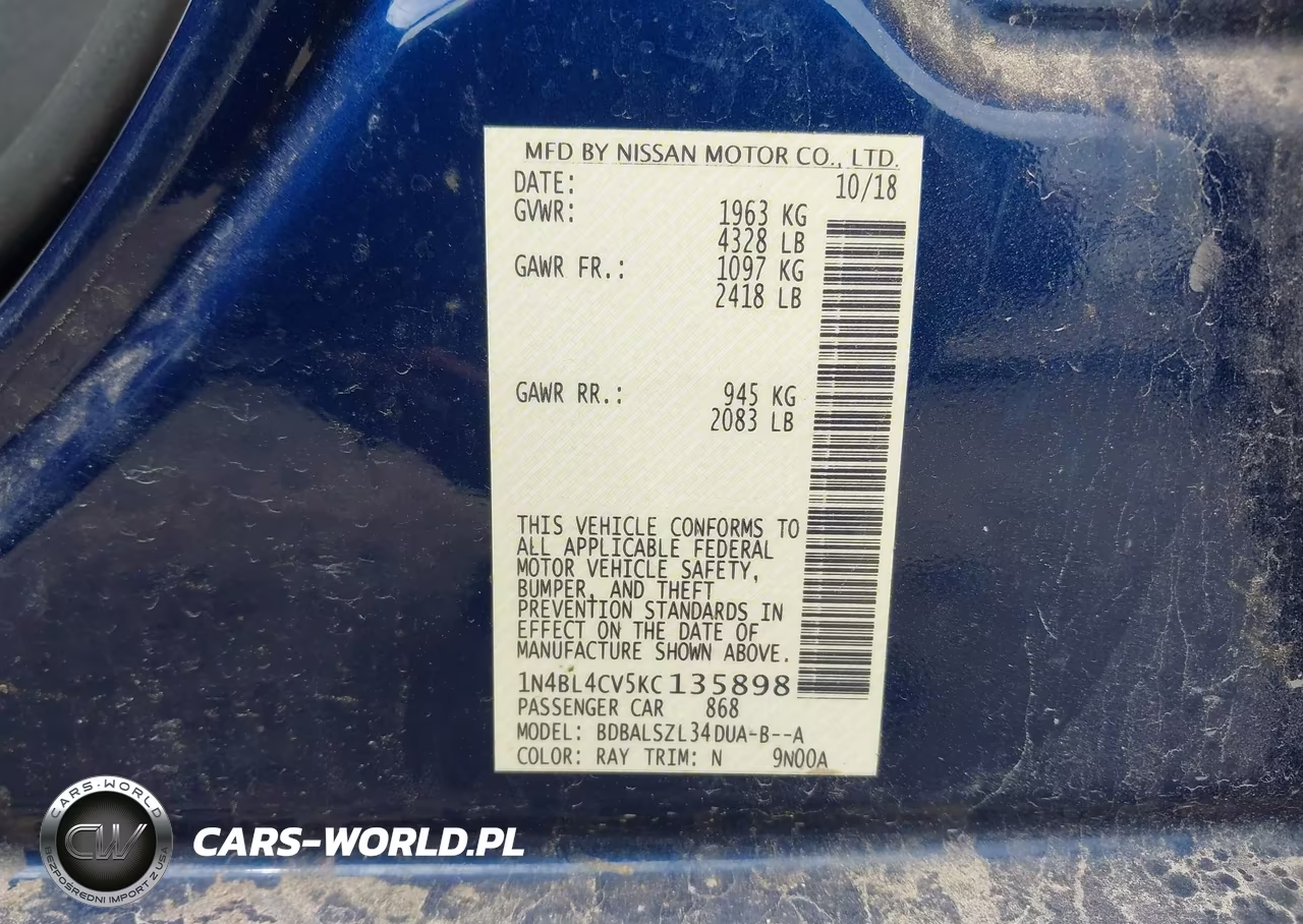2019 Nissan Altima 2.5 Sr VIN:1N4BL4CV5KC135898 - 9