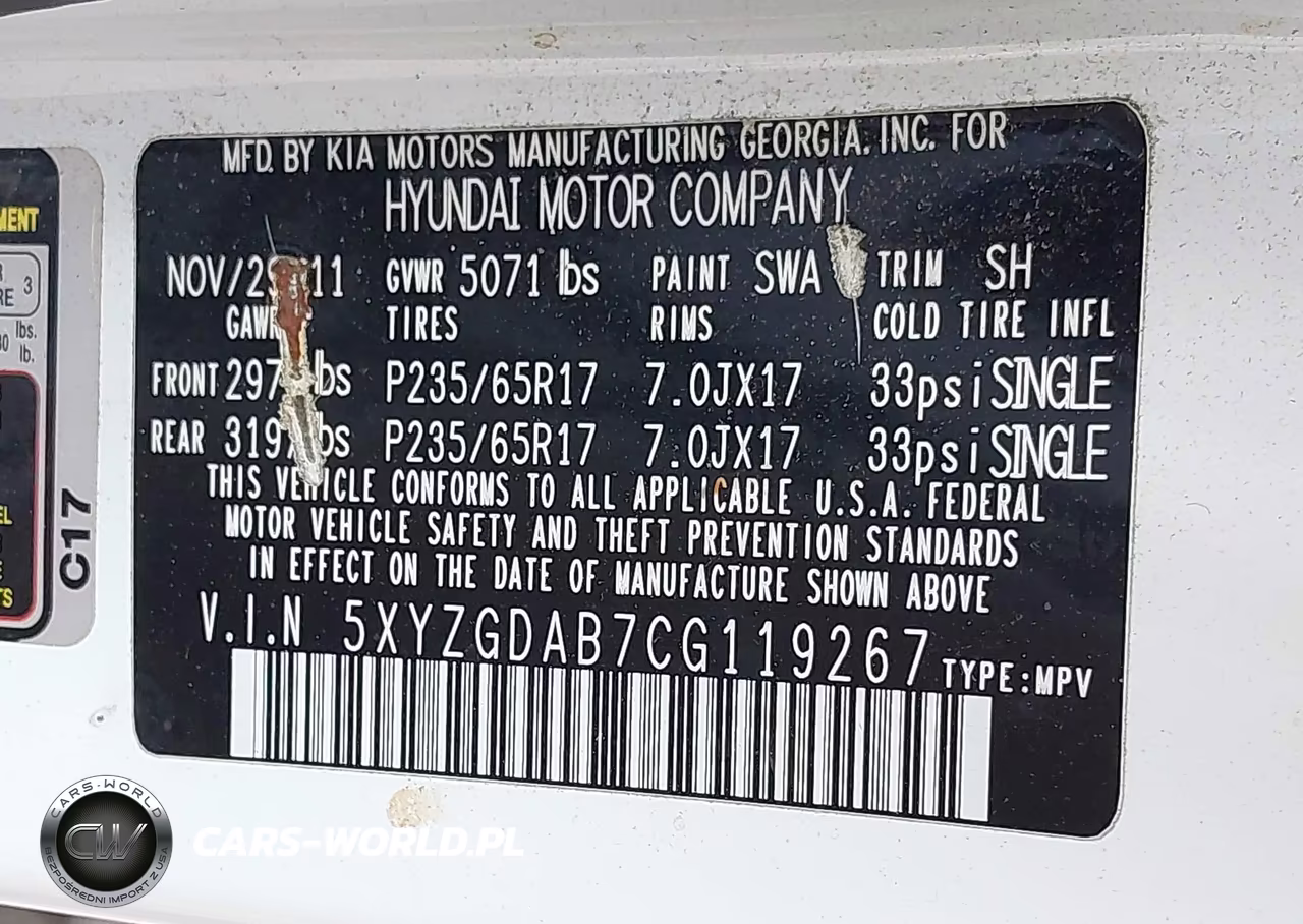 2012 Hyundai Santa Fe Gls VIN:5XYZGDAB7CG119267 - 9