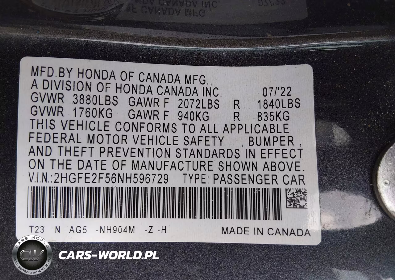 2022 Honda Civic Sport VIN:2HGFE2F56NH596729 - 9