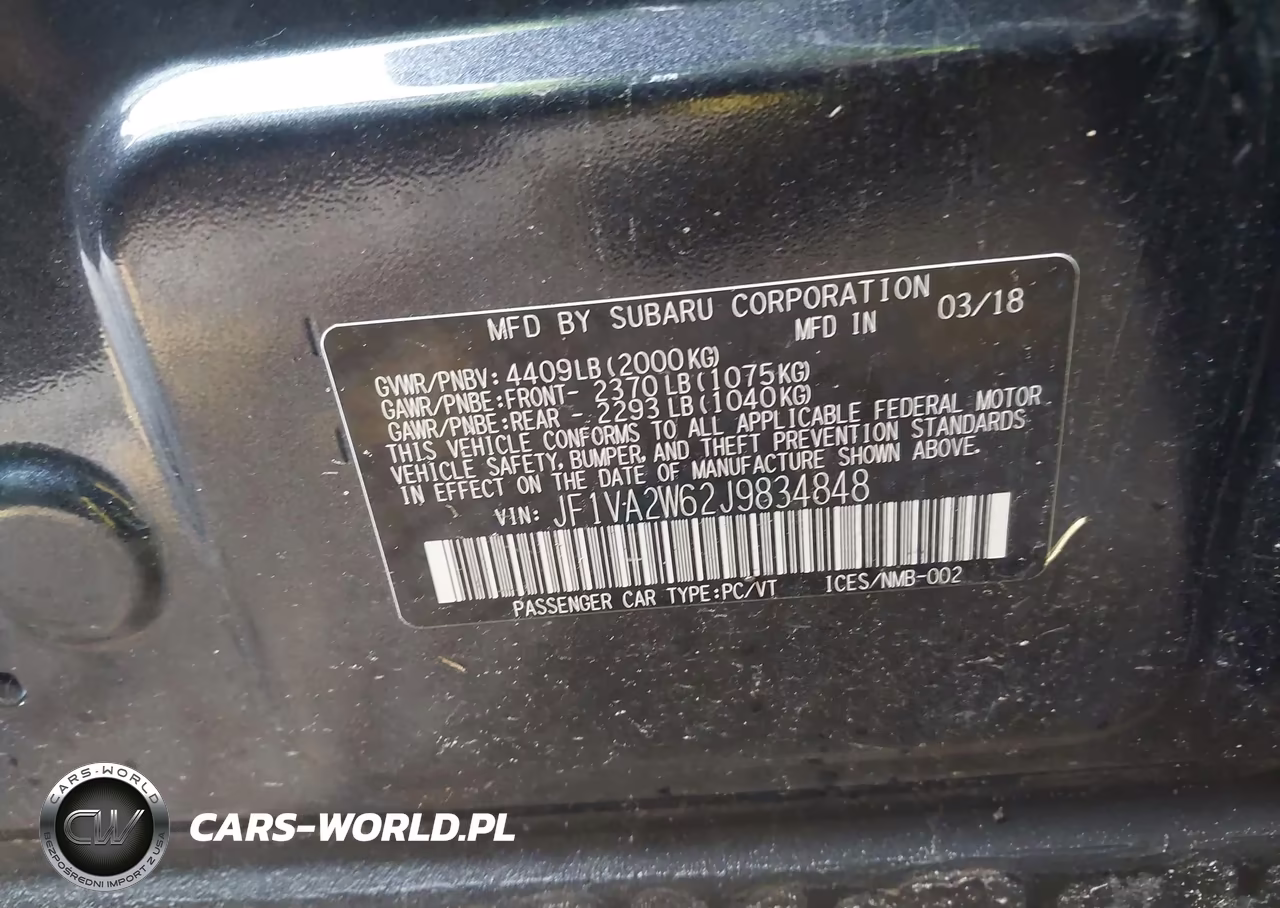 2018 Subaru Wrx Sti Limited VIN:JF1VA2W62J9834848 - 9
