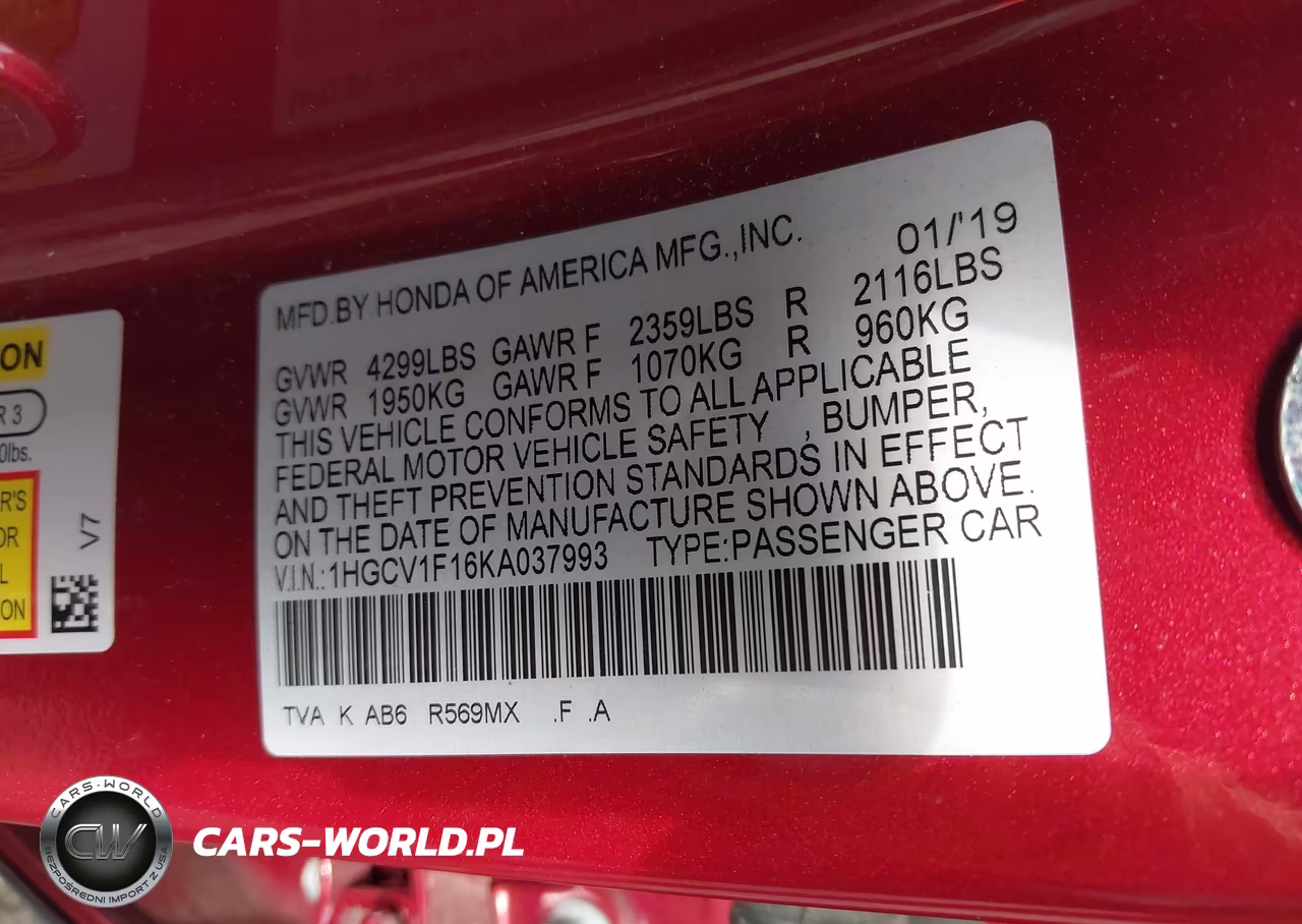 2019 Honda Accord Lx VIN:1HGCV1F16KA037993 - 9