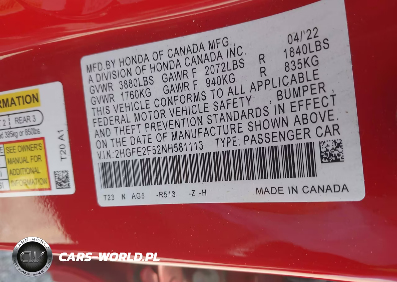 2022 Honda Civic Sport VIN:2HGFE2F52NH581113 - 9