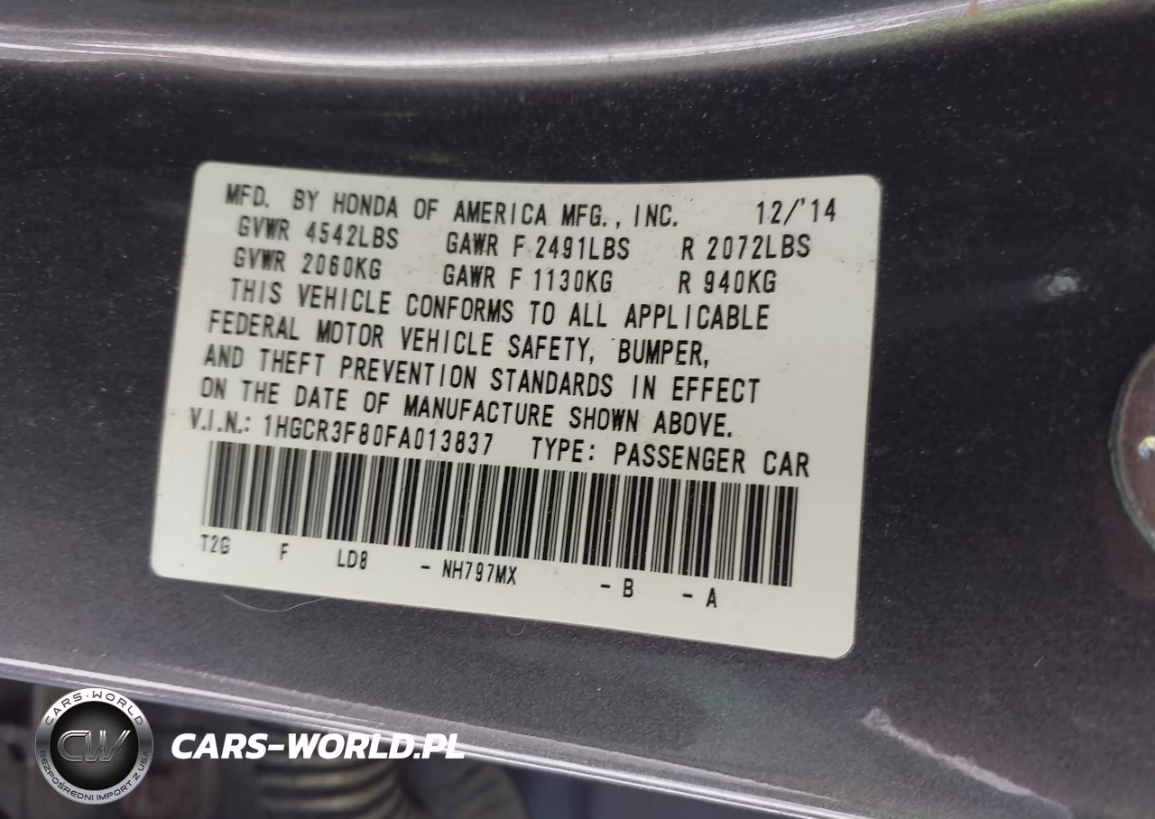 2015 Honda Accord Ex-L V-6 VIN:1HGCR3F80FA013837 - 9