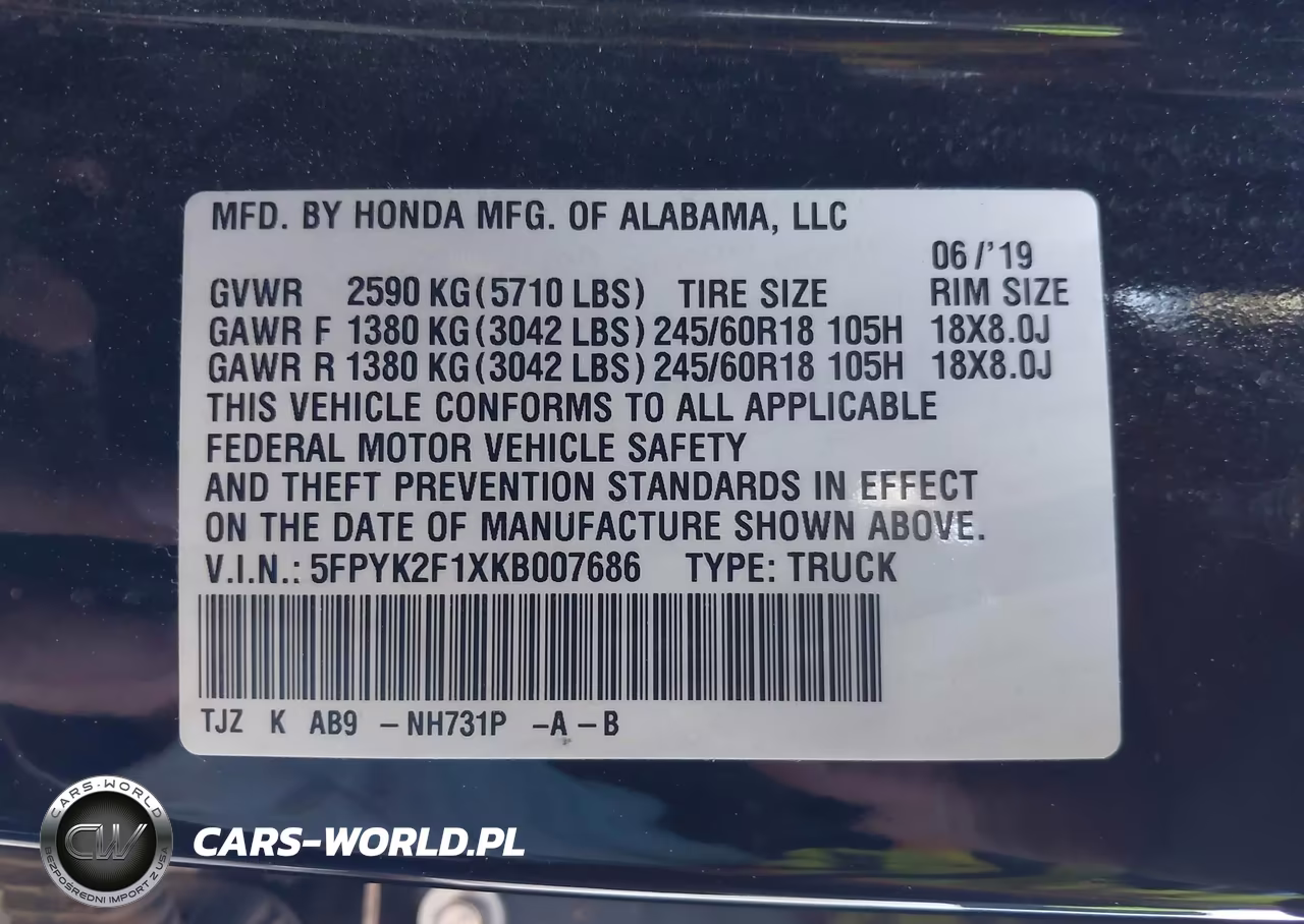2019 Honda Ridgeline Sport VIN:5FPYK2F1XKB007686 - 9