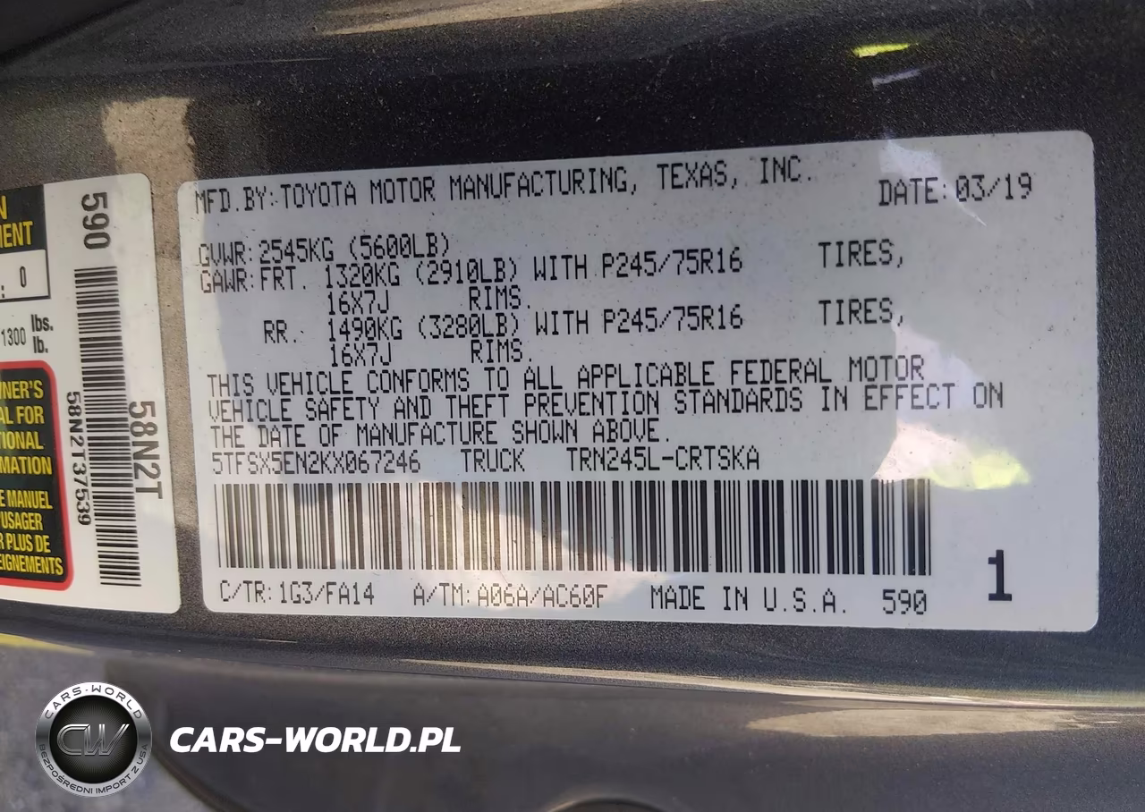 2019 Toyota Tacoma Sr VIN:5TFSX5EN2KX067246 - 9