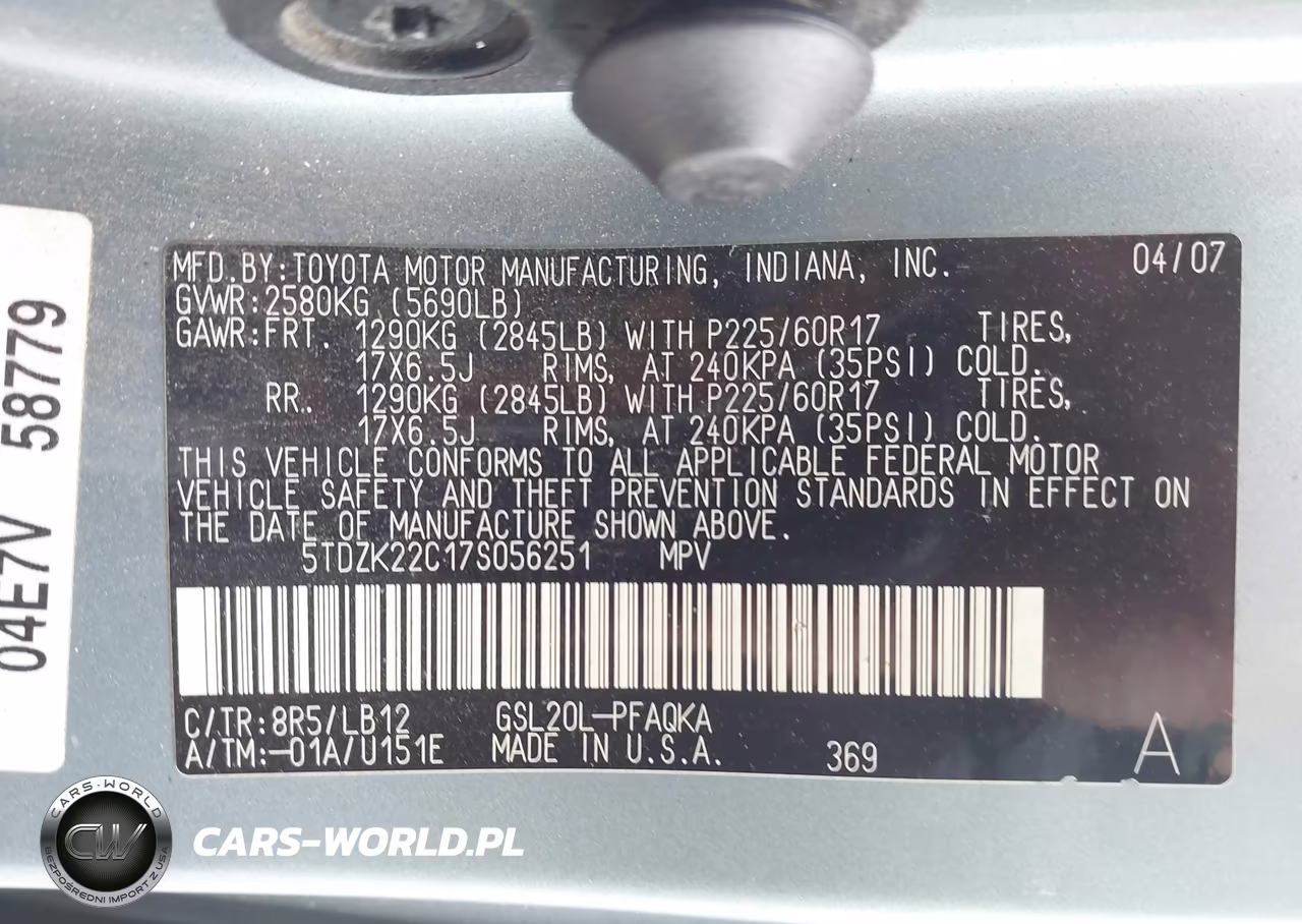 2007 Toyota Sienna Xle VIN:5TDZK22C17S056251 - 8