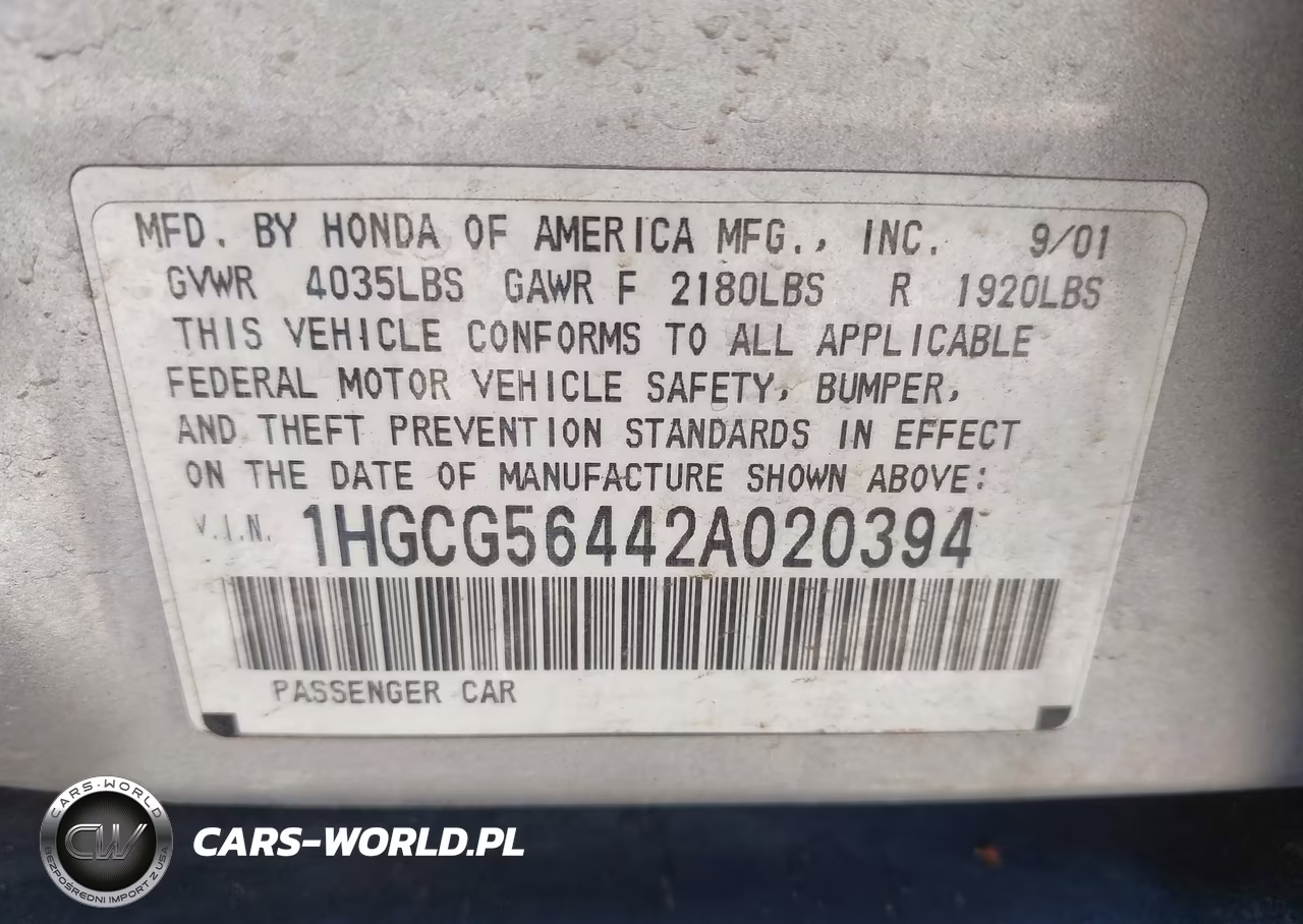 2002 Honda Accord 2.3 Lx VIN:1HGCG56442A020394 - 9