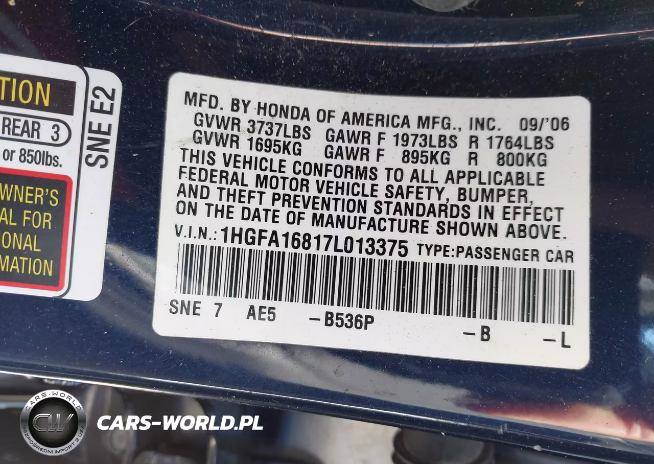 2007 Honda Civic Ex VIN:1HGFA16817L013375 - 9