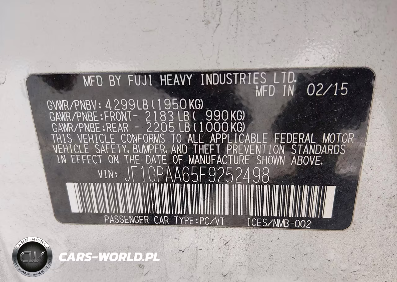 2015 Subaru Impreza 2.0I VIN:JF1GPAA65F9252498 - 9