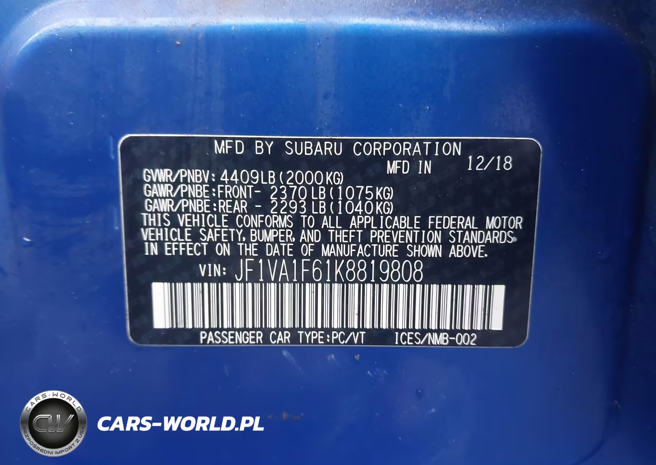 2019 Subaru Wrx Premium VIN:JF1VA1F61K8819808 - 9
