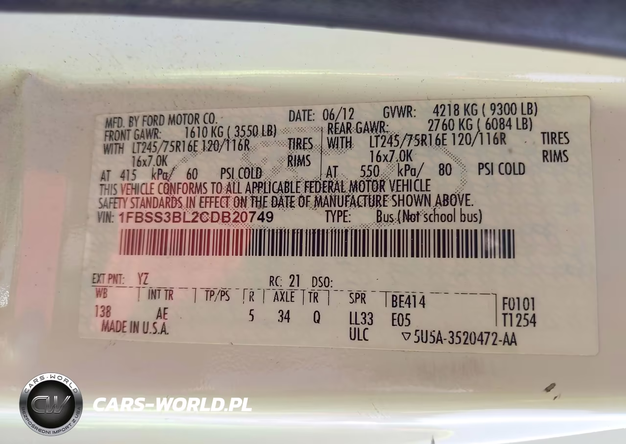 2012 Ford E-350 Super Duty Xl VIN:1FBSS3BL2CDB20749 - 9