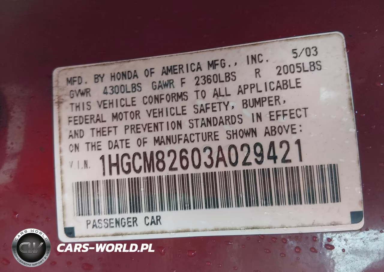 2003 Honda Accord 3.0 Ex VIN:1HGCM82603A029421 - 9