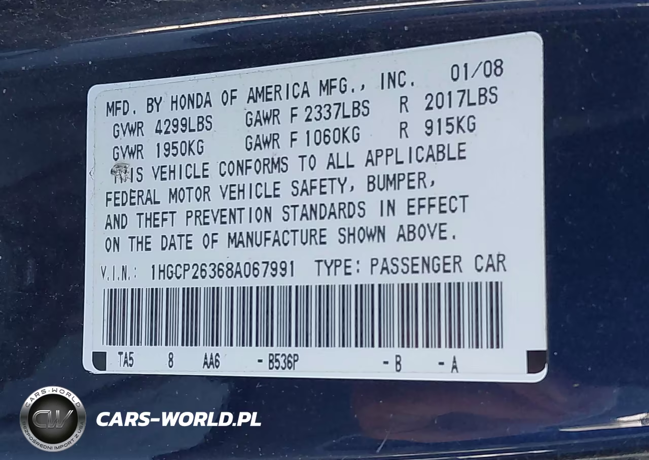 2008 Honda Accord 2.4 Lx VIN:1HGCP26368A067991 - 9