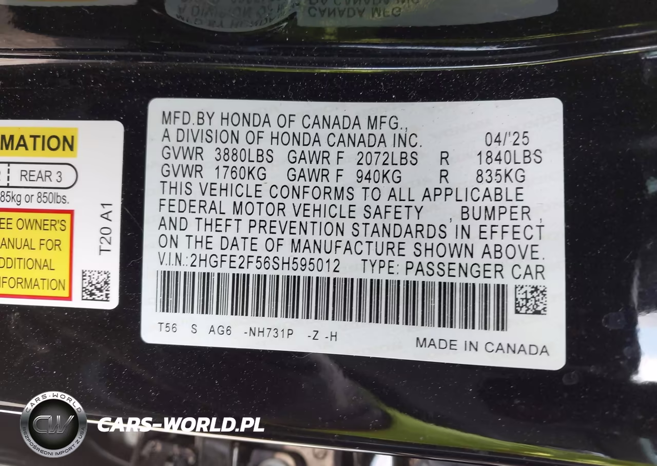 2025 Honda Civic Sport VIN:2HGFE2F56SH595012 - 9