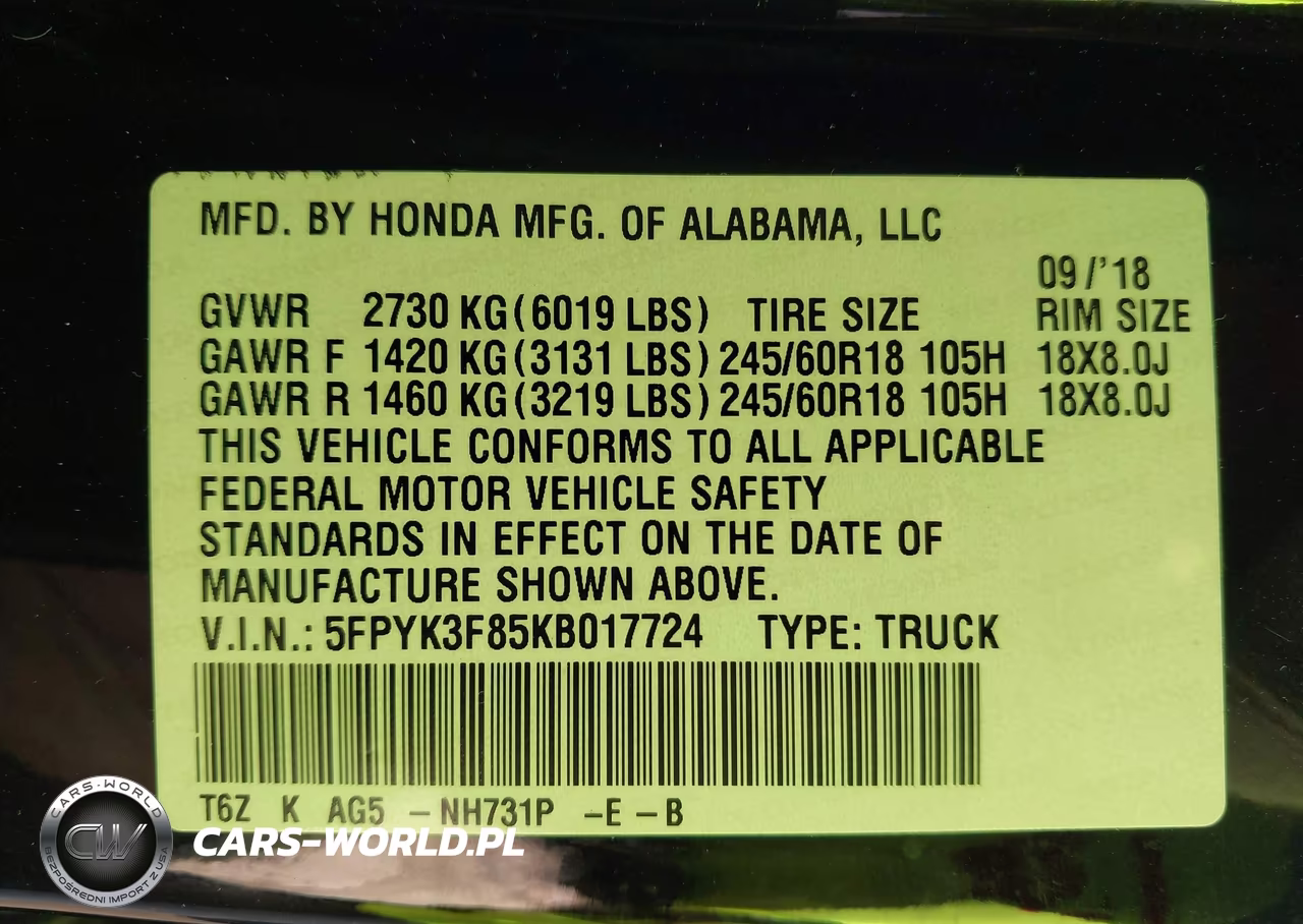 2019 Honda Ridgeline Black Edition VIN:5FPYK3F85KB017724 - 9